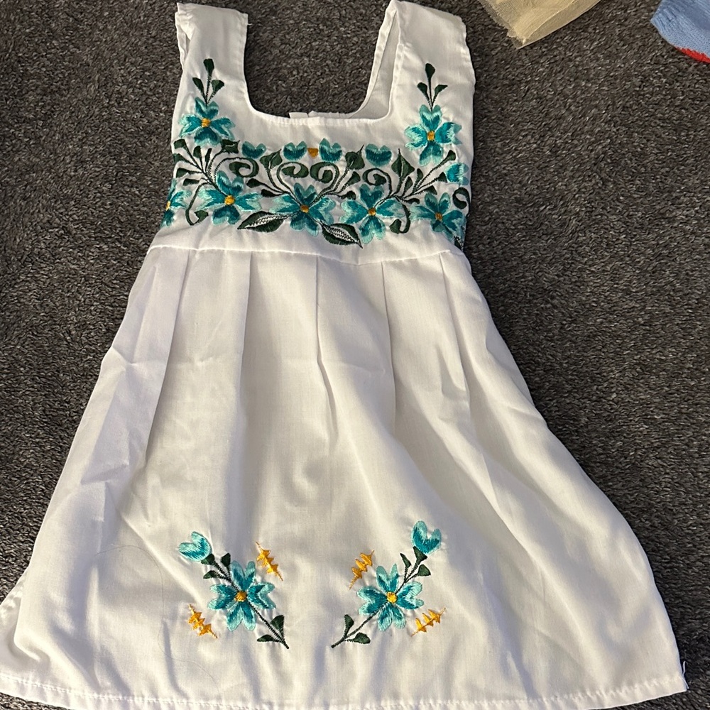 White Girls' Embroidered Floral Dress with Teal Accents